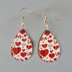 ⭐️ 5 for $25 Wooden Heart Design Teardrop Red & White Earrings Silver Tone Hoops